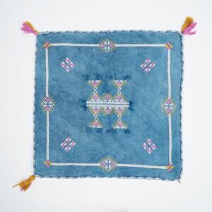 Moroccan Embroidered Pillow Cover 20x20 Blue Cotton Fringe Tassel Cushion Cover